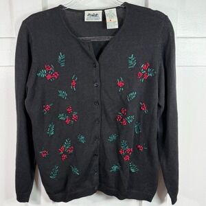 Northern Reflections Black Embroidered‎ Holly Berry Cardigan Sweater S P